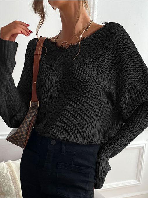 Women's Sweaters Lace Stitching V-Neck Long Sleeve Sweater - Cardigans & Sweaters - INS | Online Fashion Free Shipping Clothing, Dresses, Tops, Shoes - 08/11/2021 - 30-40 - C