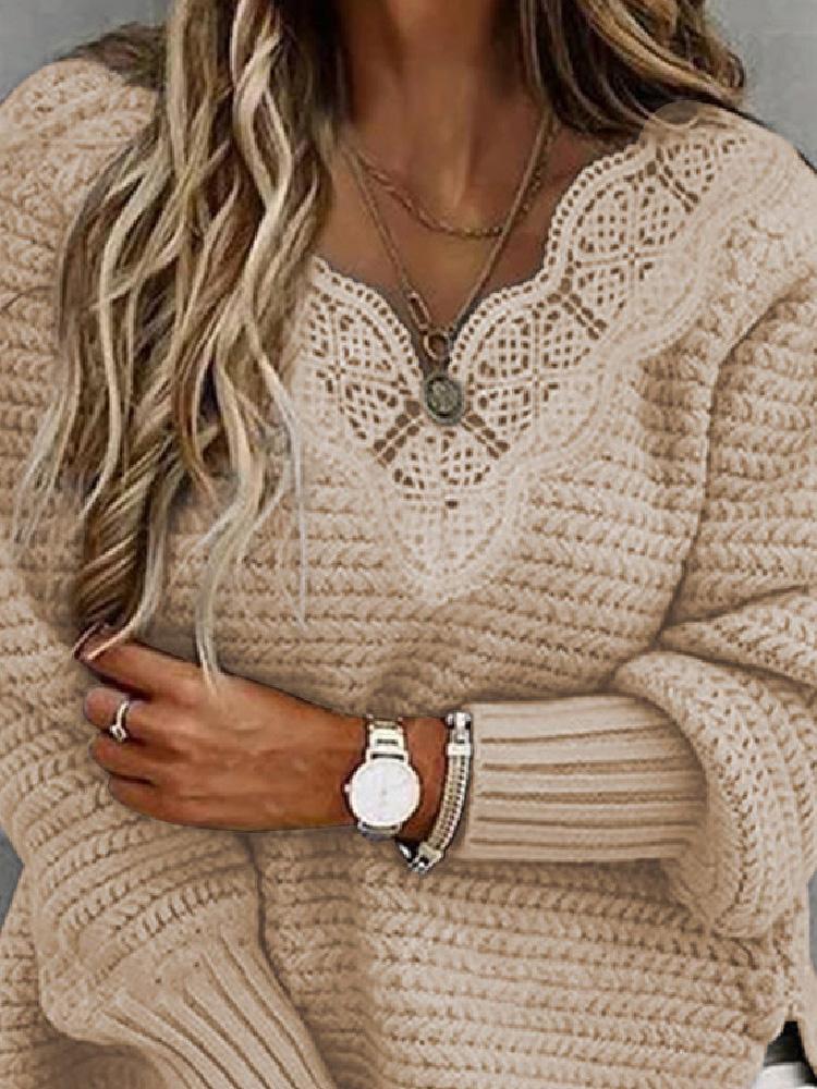 Women's Sweaters Lace Stitching V-Neck Long Sleeve Sweater - Cardigans & Sweaters - Instastyled | Online Fashion Free Shipping Clothing, Dresses, Tops, Shoes - 13/12/2021 - 40-50 - Cardigans & Sweaters