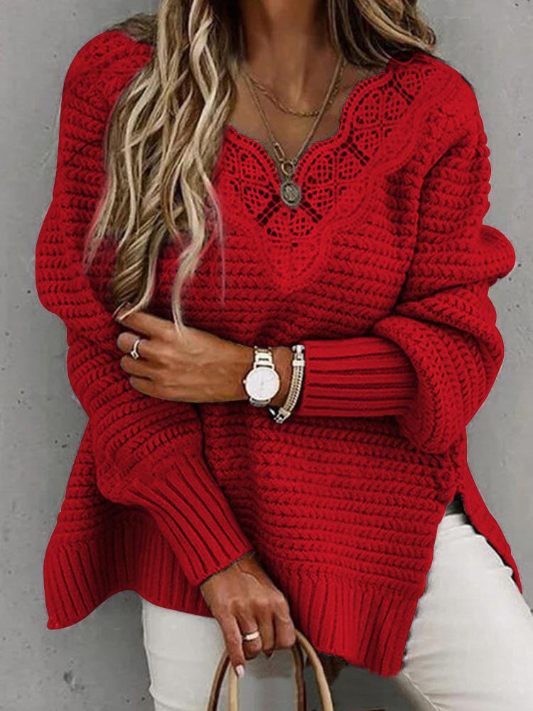 Women's Sweaters Lace Stitching V-Neck Long Sleeve Sweater - Cardigans & Sweaters - Instastyled | Online Fashion Free Shipping Clothing, Dresses, Tops, Shoes - 13/12/2021 - 40-50 - Cardigans & Sweaters