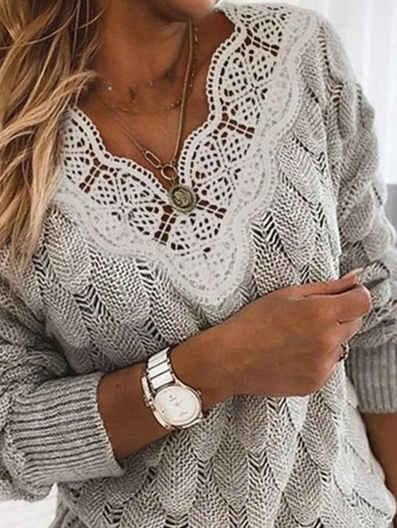 Women's Sweaters Lace V-Neck Hollow Long Sleeve Sweater - Cardigans & Sweaters - INS | Online Fashion Free Shipping Clothing, Dresses, Tops, Shoes - 19/11/2021 - 30-40 - Cardigans & Sweaters