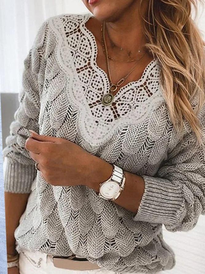 Women's Sweaters Lace V-Neck Hollow Long Sleeve Sweater - Cardigans & Sweaters - INS | Online Fashion Free Shipping Clothing, Dresses, Tops, Shoes - 19/11/2021 - 30-40 - Cardigans & Sweaters