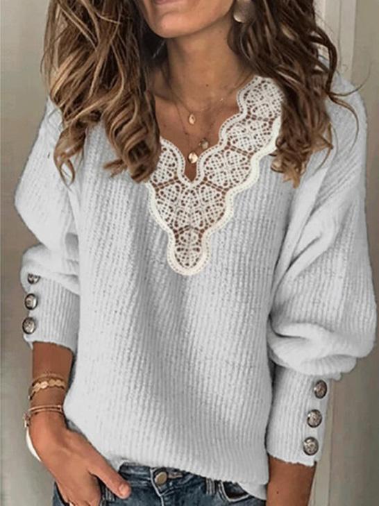 Women's Sweaters Lace V-Neck Loose Long Sleeve Sweater - Cardigans & Sweaters - INS | Online Fashion Free Shipping Clothing, Dresses, Tops, Shoes - 20-30 - 20/08/2021 - Cardigans & Sweaters