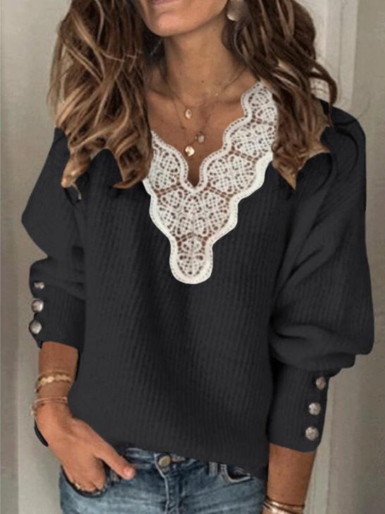 Women's Sweaters Lace V-Neck Loose Long Sleeve Sweater - Cardigans & Sweaters - INS | Online Fashion Free Shipping Clothing, Dresses, Tops, Shoes - 20-30 - 20/08/2021 - Cardigans & Sweaters