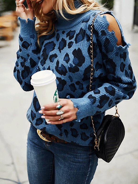 Women's Sweaters Leopard Print High Neck Long Sleeve Off-Shoulder Knitted Sweater - Cardigans & Sweaters - INS | Online Fashion Free Shipping Clothing, Dresses, Tops, Shoes - 03/09/2021 - 30-40 - Cardigans & Sweaters