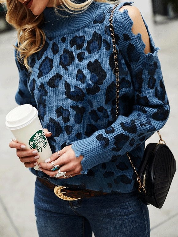 Women's Sweaters Leopard Print High Neck Long Sleeve Off-Shoulder Knitted Sweater - Cardigans & Sweaters - INS | Online Fashion Free Shipping Clothing, Dresses, Tops, Shoes - 03/09/2021 - 30-40 - Cardigans & Sweaters