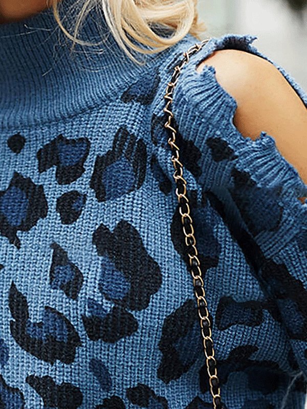 Women's Sweaters Leopard Print High Neck Long Sleeve Off-Shoulder Knitted Sweater - Cardigans & Sweaters - INS | Online Fashion Free Shipping Clothing, Dresses, Tops, Shoes - 03/09/2021 - 30-40 - Cardigans & Sweaters