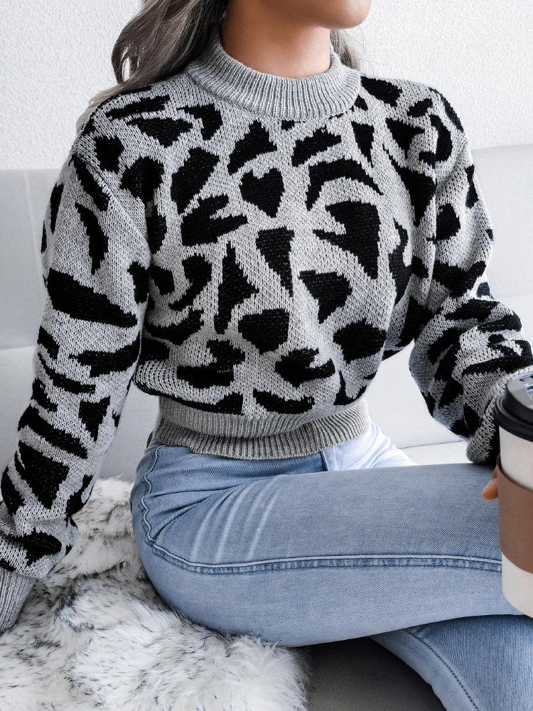 Women's Sweaters Leopard-Print Knitted Cropped Sweater - Cardigans & Sweaters - INS | Online Fashion Free Shipping Clothing, Dresses, Tops, Shoes - 20-30 - 22/09/2021 - Cardigans & Sweaters