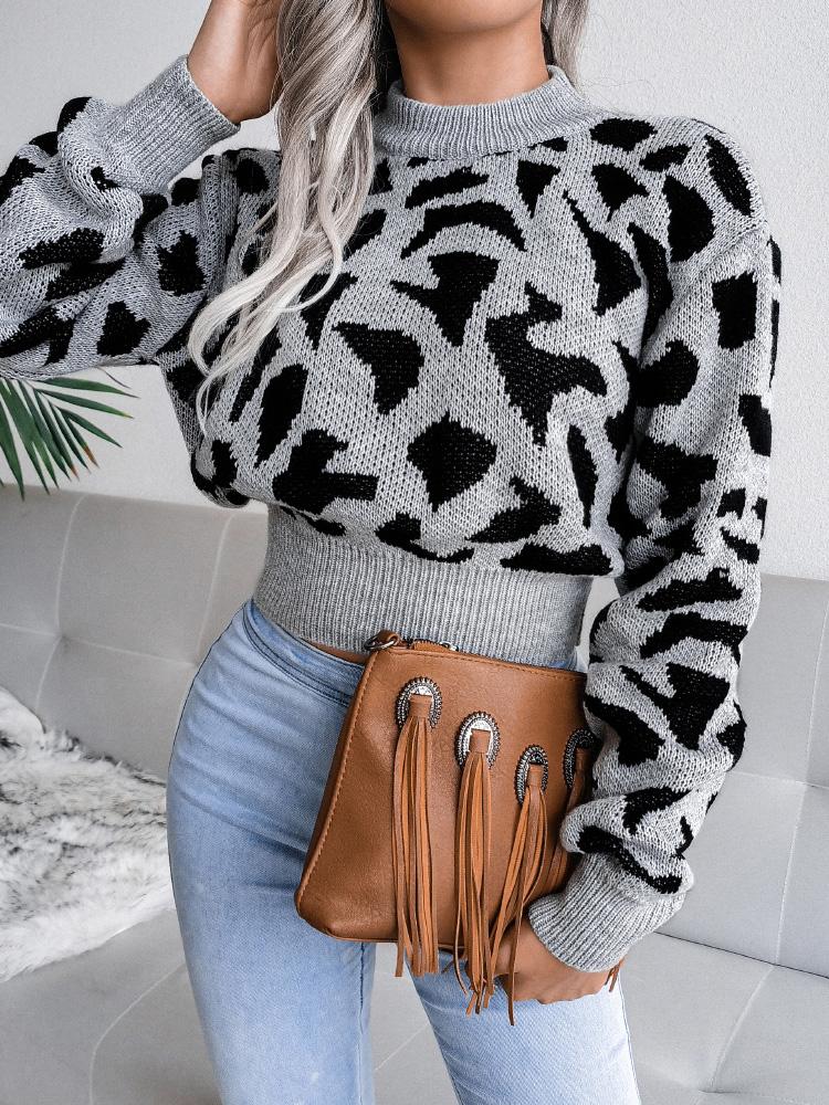 Women's Sweaters Leopard-Print Knitted Cropped Sweater - Cardigans & Sweaters - INS | Online Fashion Free Shipping Clothing, Dresses, Tops, Shoes - 20-30 - 22/09/2021 - Cardigans & Sweaters