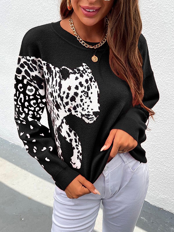 Women's Sweaters Leopard Print Pullover Long Sleeve Knitted Sweater - Cardigans & Sweaters - Instastyled | Online Fashion Free Shipping Clothing, Dresses, Tops, Shoes - 21/12/2021 - 40-50 - Cardigans & Sweaters