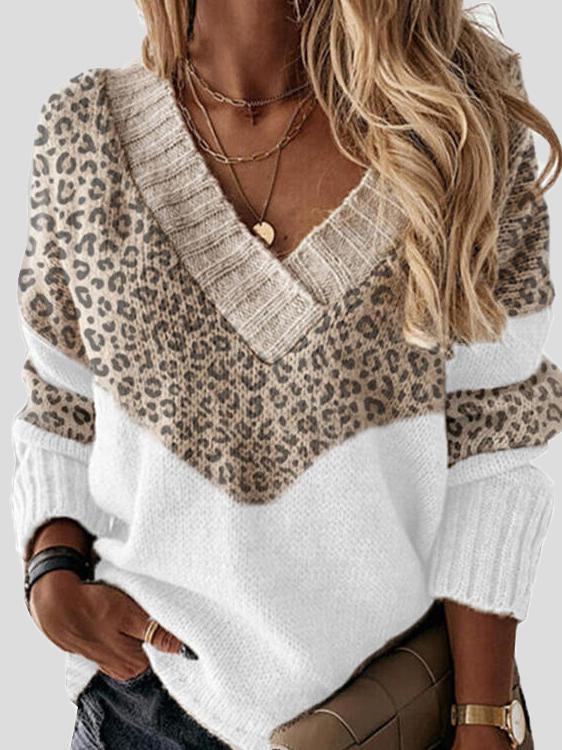 Women's Sweaters Leopard Print Stitching V-Neck Long Sleeve Sweater - Cardigans & Sweaters - INS | Online Fashion Free Shipping Clothing, Dresses, Tops, Shoes - 18/10/2021 - 30-40 - Cardigans & Sweaters