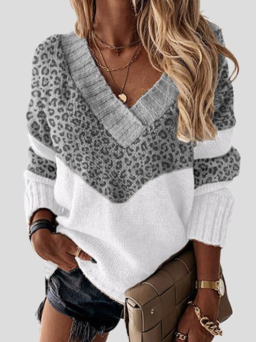 Women's Sweaters Leopard Print Stitching V-Neck Long Sleeve Sweater - Cardigans & Sweaters - INS | Online Fashion Free Shipping Clothing, Dresses, Tops, Shoes - 18/10/2021 - 30-40 - Cardigans & Sweaters