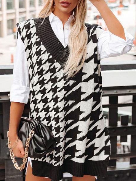 Women's Sweaters Loose Houndstooth V-Neck Knitted Vest Sweater - Cardigans & Sweaters - Instastyled | Online Fashion Free Shipping Clothing, Dresses, Tops, Shoes - 07/12/2021 - 30-40 - Cardigans & Sweaters