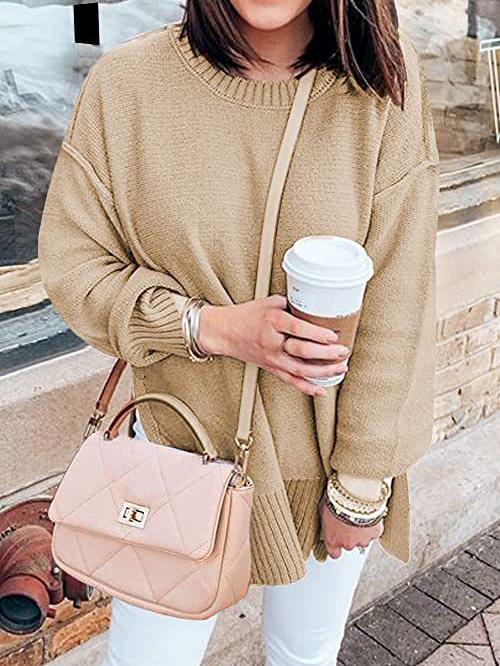 Women's Sweaters Loose Round Neck Long Sleeve Side Slit Sweater - Cardigans & Sweaters - INS | Online Fashion Free Shipping Clothing, Dresses, Tops, Shoes - 06/11/2021 - 30-40 - Cardigans & Sweaters