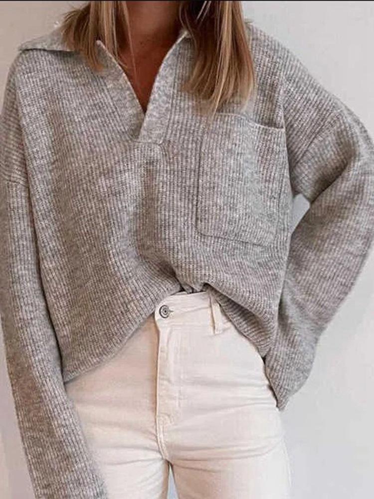 Women's Sweaters Loose Solid Lapel Pocket Long Sleeve Sweater - Cardigans & Sweaters - INS | Online Fashion Free Shipping Clothing, Dresses, Tops, Shoes - 24/11/2021 - Cardigans & Sweaters - color-gray