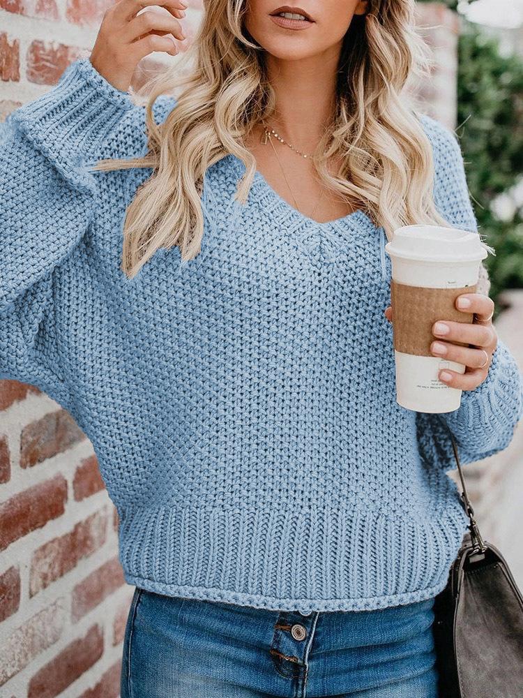 Women's Sweaters Loose V-Neck Long Sleeve Knitted Sweater - Cardigans & Sweaters - INS | Online Fashion Free Shipping Clothing, Dresses, Tops, Shoes - 20-30 - 25/10/2021 - Cardigans & Sweaters