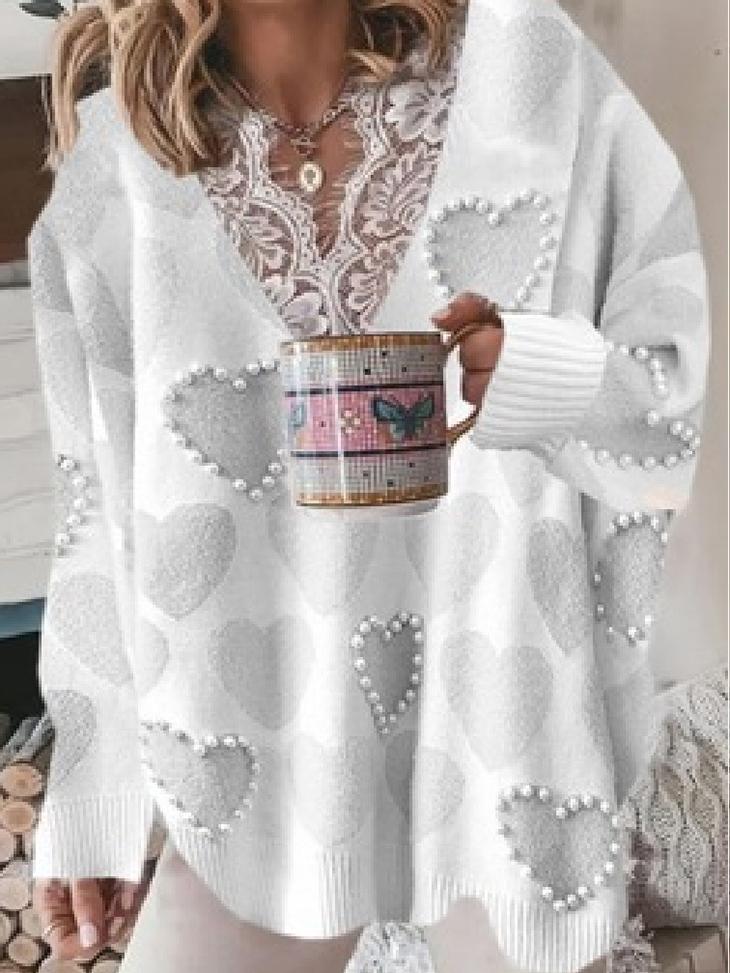 Women's Sweaters Love Beaded Lace V-Neck Long Sleeve Sweater - Cardigans & Sweaters - INS | Online Fashion Free Shipping Clothing, Dresses, Tops, Shoes - 25/10/2021 - 30-40 - Cardigans & Sweaters