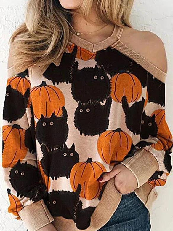 Women's Sweaters Off-The-Shoulder Cat Pumpkin Round Neck Slim Knit Sweater - Cardigans & Sweaters - INS | Online Fashion Free Shipping Clothing, Dresses, Tops, Shoes - 27/08/2021 - 30-40 - Cardigans & Sweaters