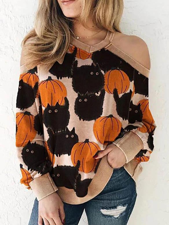 Women's Sweaters Off-The-Shoulder Cat Pumpkin Round Neck Slim Knit Sweater - Cardigans & Sweaters - INS | Online Fashion Free Shipping Clothing, Dresses, Tops, Shoes - 27/08/2021 - 30-40 - Cardigans & Sweaters