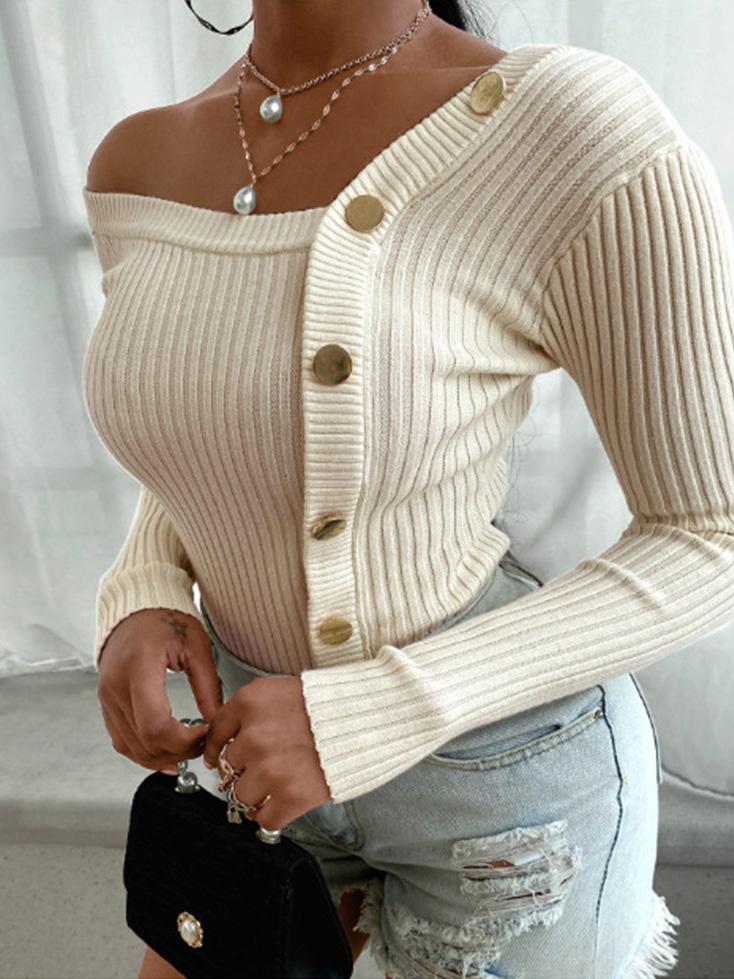 Women's Sweaters Off-The-Shoulder Stitching Button Sweaters - Cardigans & Sweaters - INS | Online Fashion Free Shipping Clothing, Dresses, Tops, Shoes - 20-30 - 21/08/2021 - Cardigans & Sweaters