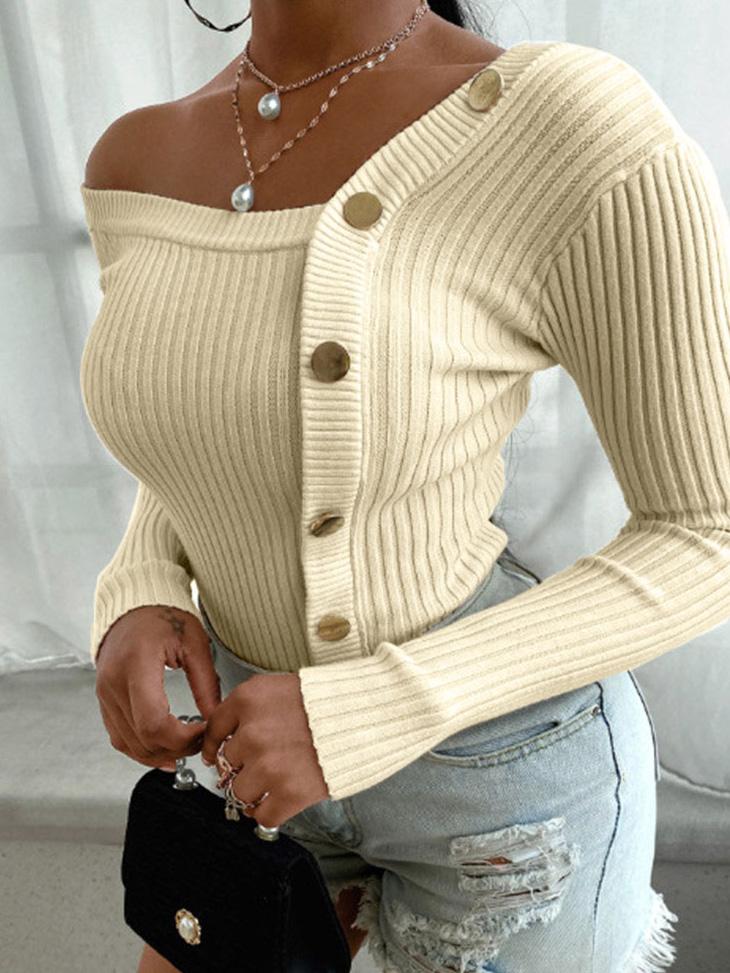 Women's Sweaters Off-The-Shoulder Stitching Button Sweaters - Cardigans & Sweaters - INS | Online Fashion Free Shipping Clothing, Dresses, Tops, Shoes - 20-30 - 21/08/2021 - Cardigans & Sweaters