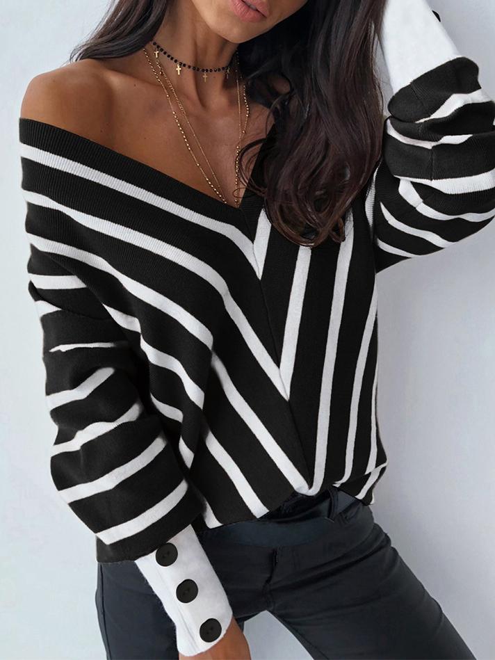 Women's Sweaters Off-The-Shoulder Striped V-Neck Long Sleeve Sweater - Cardigans & Sweaters - INS | Online Fashion Free Shipping Clothing, Dresses, Tops, Shoes - 24/11/2021 - 30-40 - Cardigans & Sweaters