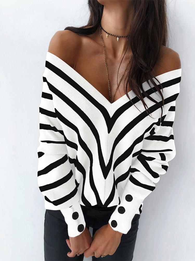 Women's Sweaters Off-The-Shoulder Striped V-Neck Long Sleeve Sweater - Cardigans & Sweaters - INS | Online Fashion Free Shipping Clothing, Dresses, Tops, Shoes - 24/11/2021 - 30-40 - Cardigans & Sweaters