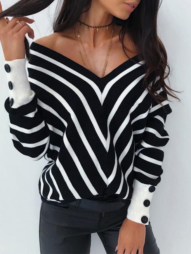 Women's Sweaters Off-The-Shoulder Striped V-Neck Long Sleeve Sweater - Cardigans & Sweaters - INS | Online Fashion Free Shipping Clothing, Dresses, Tops, Shoes - 24/11/2021 - 30-40 - Cardigans & Sweaters