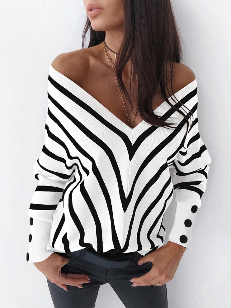 Women's Sweaters Off-The-Shoulder Striped V-Neck Long Sleeve Sweater - Cardigans & Sweaters - INS | Online Fashion Free Shipping Clothing, Dresses, Tops, Shoes - 24/11/2021 - 30-40 - Cardigans & Sweaters