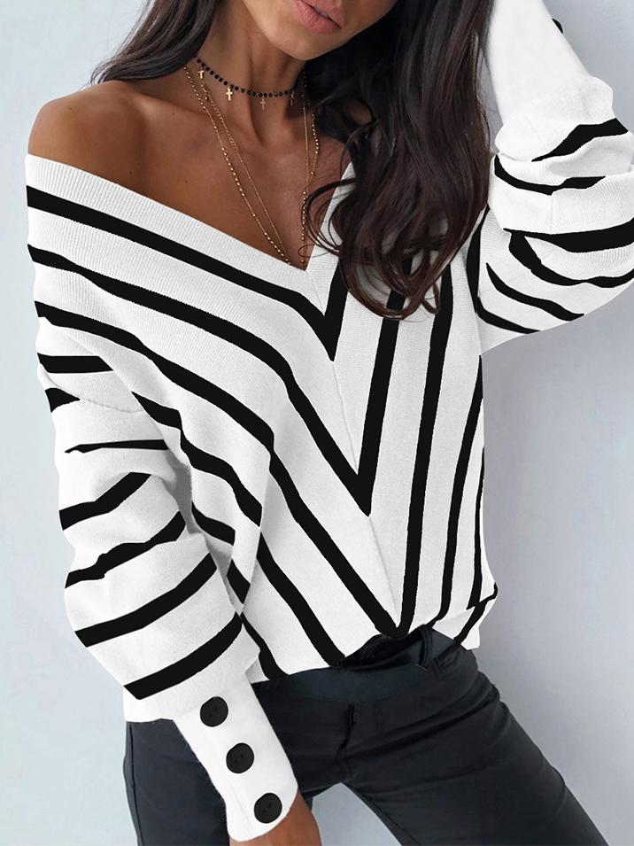 Women's Sweaters Off-The-Shoulder Striped V-Neck Long Sleeve Sweater - Cardigans & Sweaters - INS | Online Fashion Free Shipping Clothing, Dresses, Tops, Shoes - 24/11/2021 - 30-40 - Cardigans & Sweaters