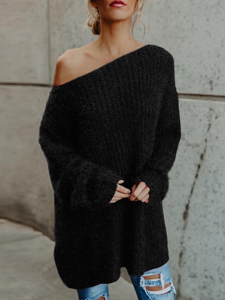 Women's Sweaters Plush Slanted Shoulder Long Sleeve Sweater - Cardigans & Sweaters - INS | Online Fashion Free Shipping Clothing, Dresses, Tops, Shoes - 05/11/2021 - 10-20 - Cardigans & Sweaters