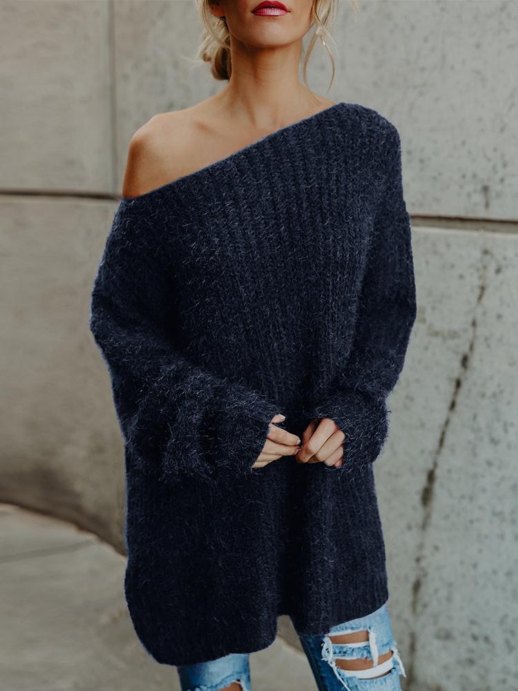 Women's Sweaters Plush Slanted Shoulder Long Sleeve Sweater - Cardigans & Sweaters - INS | Online Fashion Free Shipping Clothing, Dresses, Tops, Shoes - 05/11/2021 - 10-20 - Cardigans & Sweaters