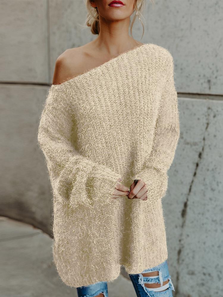 Women's Sweaters Plush Slanted Shoulder Long Sleeve Sweater - Cardigans & Sweaters - INS | Online Fashion Free Shipping Clothing, Dresses, Tops, Shoes - 05/11/2021 - 10-20 - Cardigans & Sweaters