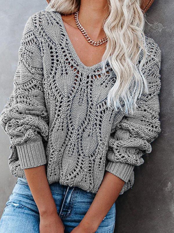 Women's Sweaters Pure Hollow V-Neck Knit Long Sleeve Sweater - Cardigans & Sweaters - INS | Online Fashion Free Shipping Clothing, Dresses, Tops, Shoes - 08/10/2021 - 30-40 - Cardigans & Sweaters