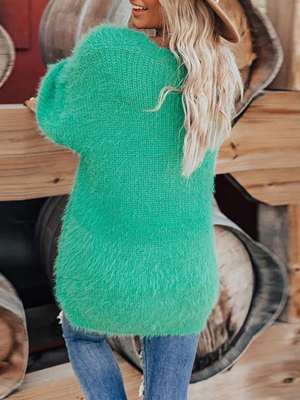 Women's Sweaters Pure Round Neck Furry Long Sleeve Sweater - Cardigans & Sweaters - Instastyled | Online Fashion Free Shipping Clothing, Dresses, Tops, Shoes - 08/12/2021 - 30-40 - Cardigans & Sweaters