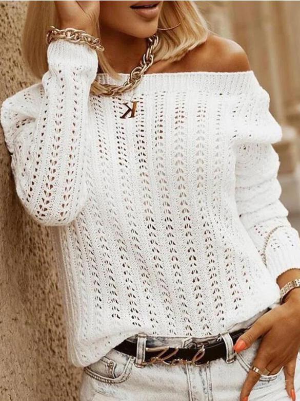 Women's Sweaters Pure Sloping Shoulder Long Sleeve Casual Sweater - Cardigans & Sweaters - Instastyled | Online Fashion Free Shipping Clothing, Dresses, Tops, Shoes - 03/12/2021 - 20-30 - Cardigans & Sweaters