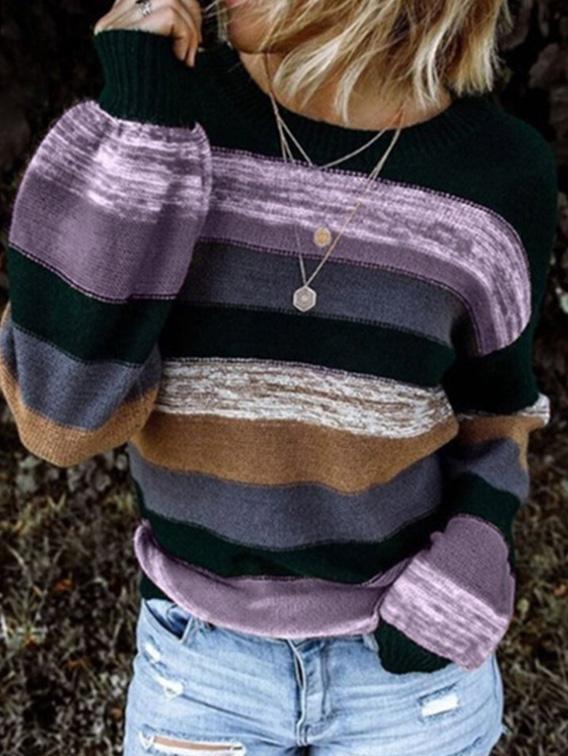 Women's Sweaters Round Neck Contrast Stitching Long Sleeve Striped Knitted Sweater - Cardigans & Sweaters - INS | Online Fashion Free Shipping Clothing, Dresses, Tops, Shoes - 10/08/2021 - 20-30 - Cardigans & Sweaters