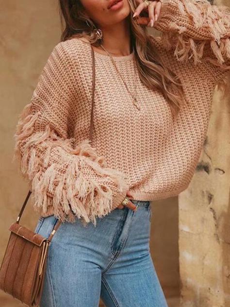 Women's Sweaters Round Neck Fringed Long Sleeve Sweater - Cardigans & Sweaters - INS | Online Fashion Free Shipping Clothing, Dresses, Tops, Shoes - 30/09/2021 - Cardigans & Sweaters - Color_Black