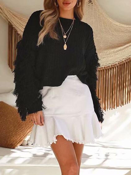 Women's Sweaters Round Neck Fringed Long Sleeve Sweater - Cardigans & Sweaters - INS | Online Fashion Free Shipping Clothing, Dresses, Tops, Shoes - 30/09/2021 - Cardigans & Sweaters - Color_Black