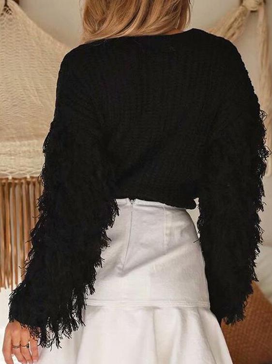 Women's Sweaters Round Neck Fringed Long Sleeve Sweater - Cardigans & Sweaters - INS | Online Fashion Free Shipping Clothing, Dresses, Tops, Shoes - 30/09/2021 - Cardigans & Sweaters - Color_Black