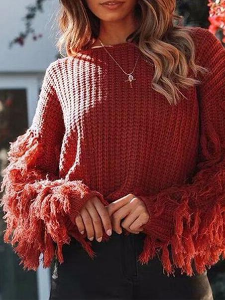 Women's Sweaters Round Neck Fringed Long Sleeve Sweater - Cardigans & Sweaters - INS | Online Fashion Free Shipping Clothing, Dresses, Tops, Shoes - 30/09/2021 - Cardigans & Sweaters - Color_Black