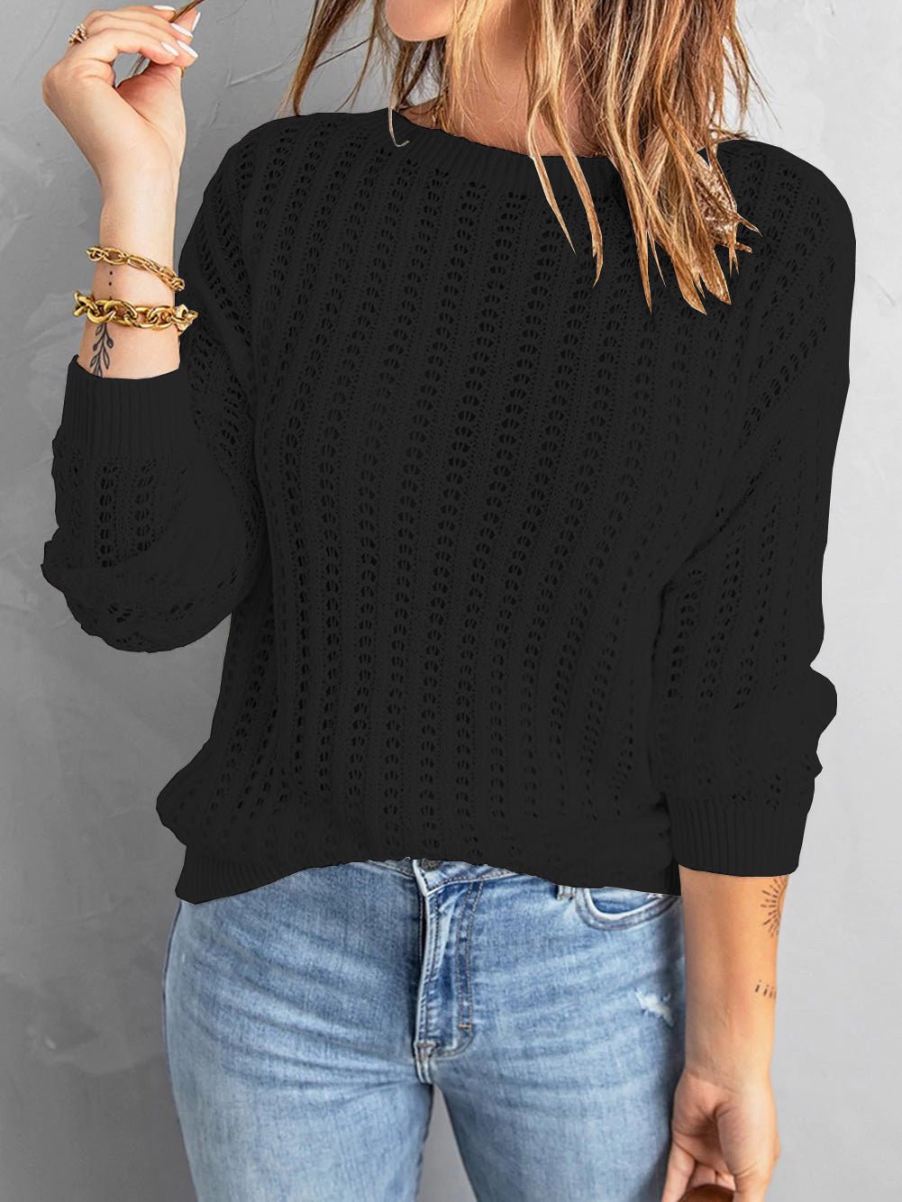 Women's Sweaters Round Neck Hollow Long Sleeved Knit Sweater - Sweaters - Instastyled | Online Fashion Free Shipping Clothing, Dresses, Tops, Shoes - 12/10/2022 - Color_Black - Color_Gray