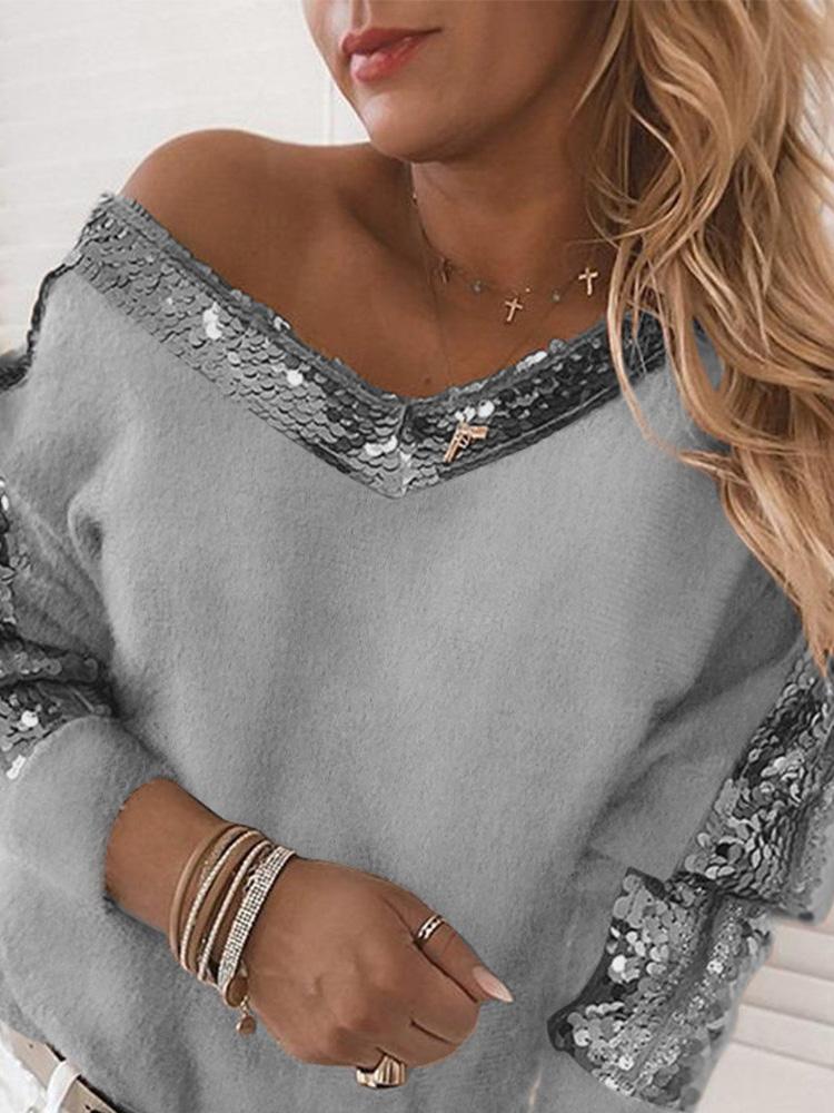 Women's Sweaters Sequin Stitching V-Neck Long Sleeve Sweaters - Cardigans & Sweaters - INS | Online Fashion Free Shipping Clothing, Dresses, Tops, Shoes - 14/09/2021 - 30-40 - Cardigans & Sweaters