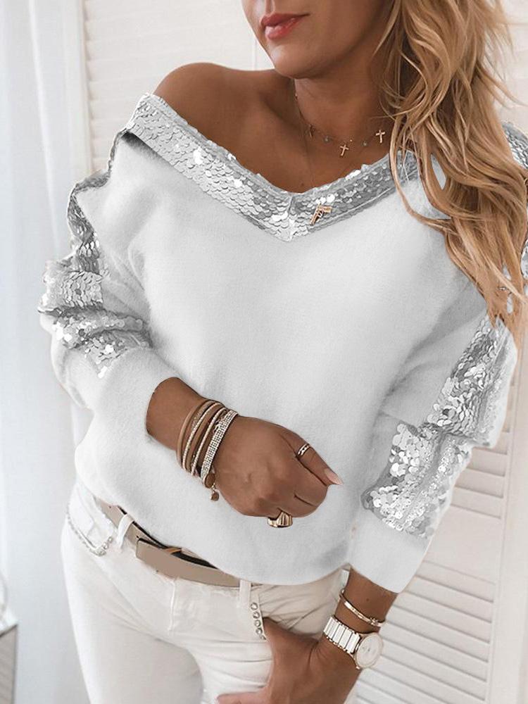 Women's Sweaters Sequin Stitching V-Neck Long Sleeve Sweaters - Cardigans & Sweaters - INS | Online Fashion Free Shipping Clothing, Dresses, Tops, Shoes - 14/09/2021 - 30-40 - Cardigans & Sweaters