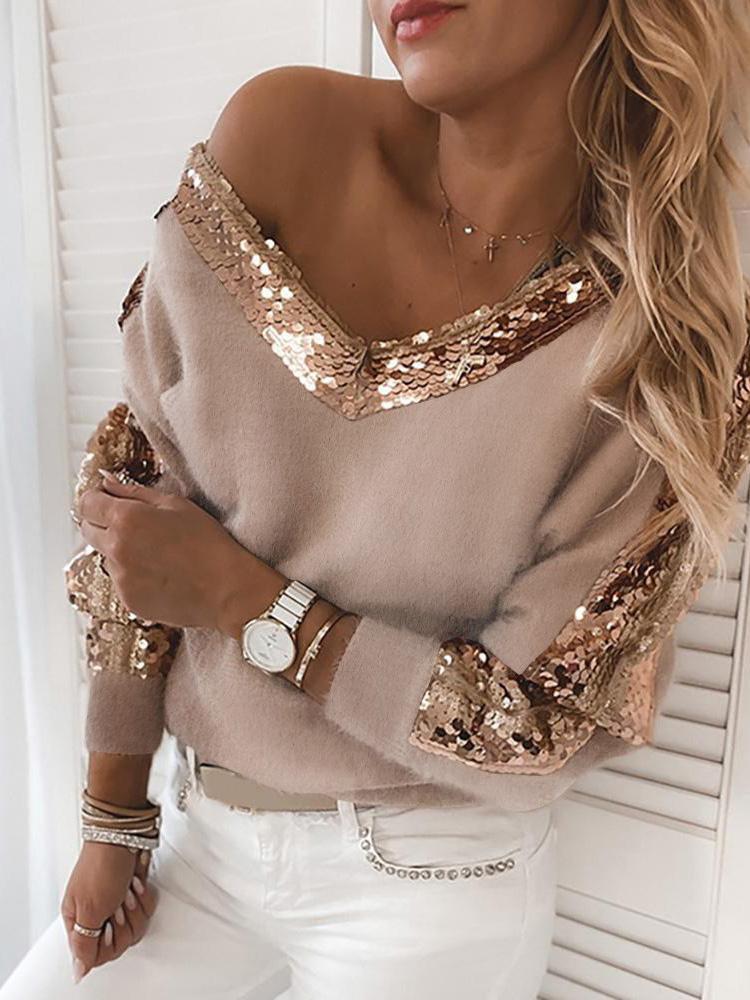 Women's Sweaters Sequin Stitching V-Neck Long Sleeve Sweaters - Cardigans & Sweaters - INS | Online Fashion Free Shipping Clothing, Dresses, Tops, Shoes - 14/09/2021 - 30-40 - Cardigans & Sweaters