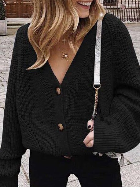 Women's Sweaters Solid V-Neck Button Sweater - Sweaters - Instastyled | Online Fashion Free Shipping Clothing, Dresses, Tops, Shoes - 13/08/2022 - Cardigans & Sweaters - Color_Black