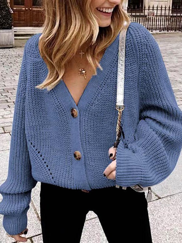 Women's Sweaters Solid V-Neck Button Sweater - Sweaters - Instastyled | Online Fashion Free Shipping Clothing, Dresses, Tops, Shoes - 13/08/2022 - Cardigans & Sweaters - Color_Black