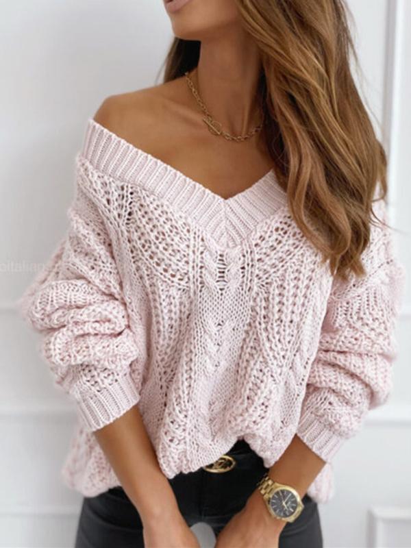 Women's Sweaters Solid V-Neck Hollow Pullover Long Sleeve Sweater - Cardigans & Sweaters - INS | Online Fashion Free Shipping Clothing, Dresses, Tops, Shoes - 18/11/2021 - 30-40 - Cardigans & Sweaters