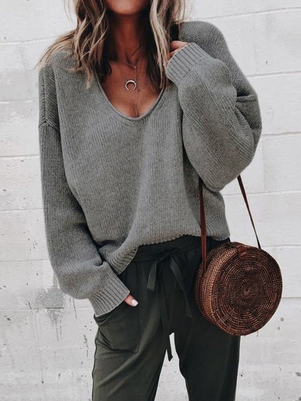 Women's Sweaters Solid V-Neck Long Sleeve Sweater - Sweaters - Instastyled | Online Fashion Free Shipping Clothing, Dresses, Tops, Shoes - 07/09/2022 - Color_Black - Color_Gray