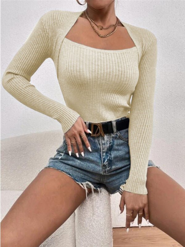 Women's Sweaters Square Neck Slim Fit Long Sleeve Knit Sweater - Sweaters - Instastyled | Online Fashion Free Shipping Clothing, Dresses, Tops, Shoes - 13/08/2022 - Cardigans & Sweaters - Color_Apricot