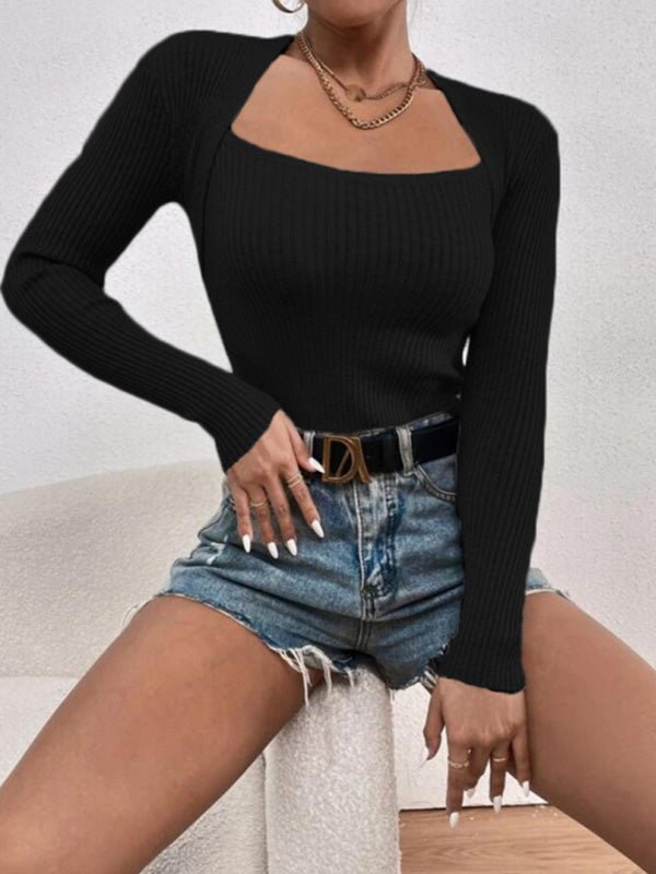 Women's Sweaters Square Neck Slim Fit Long Sleeve Knit Sweater - Sweaters - Instastyled | Online Fashion Free Shipping Clothing, Dresses, Tops, Shoes - 13/08/2022 - Cardigans & Sweaters - Color_Apricot